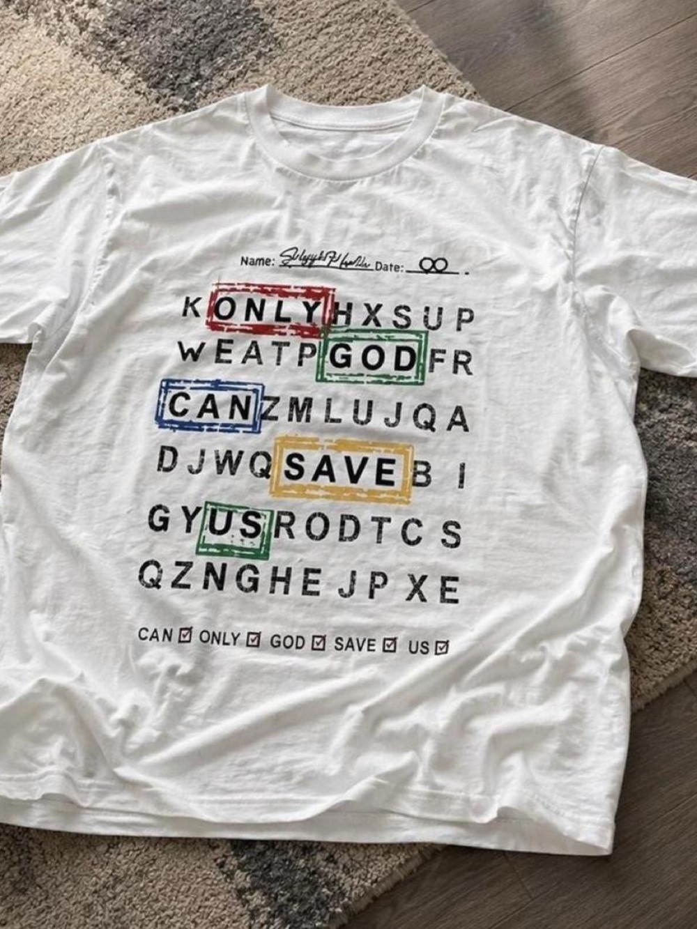 Gildan White Short Sleeve Shirt with Multicolor Word-Search Graphic